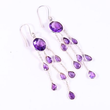 Handmade 925 Sterling Silver Chain Dangle Earrings with Amethyst